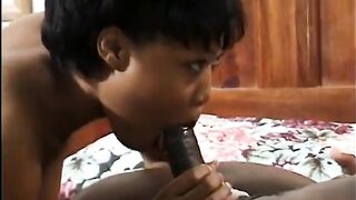 Black whore blows shlong and takes it in her moist hairless pussy