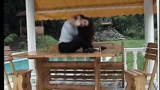 Marvelous brunette hair masturbates outdoors