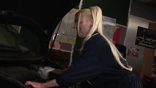 Hawt golden-haired whore in pink fishnets have a fun in the banging by the car