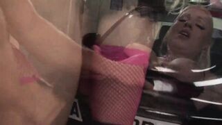 Hawt golden-haired whore in pink fishnets have a fun in the banging by the car