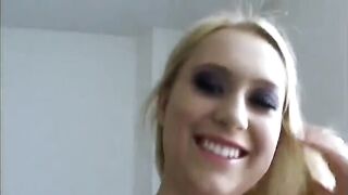 Blond with great boobs lies on the daybed to get laid