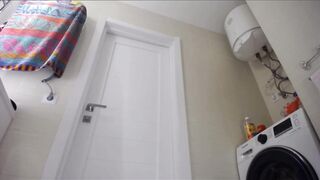 Fingering taut vagina in pink suit
