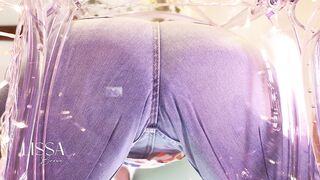 Slender cutie with a large booty bounces, inflating her curves with her jeans and micro bikini