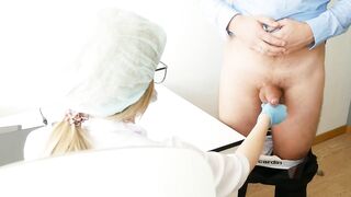 Breasty Doctor milking the prostate. Stuck her finger up the booty