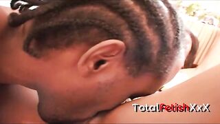Breathtaking black cutie rides passionately on a pink bed in this intensive interracial hardcore scene.