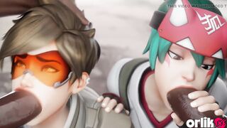 Tracer & Kiriko - Large Ebony Shlong Sloppy Oral job & Cowgirl CG Animation