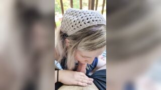 Blond chick gives head on the patio