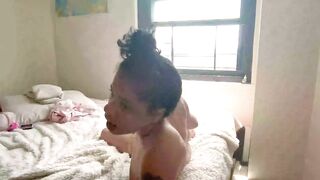 Amateur Black Does YOGA and FELLATIO Super Close To Her Window