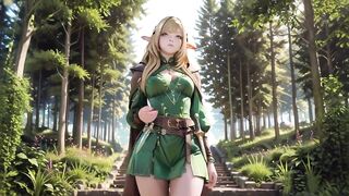 Forest Elf's Intimate Dream! Green off-shoulder Outfit, Kneeling and Arching Haunches Against a Stark White Backdrop.