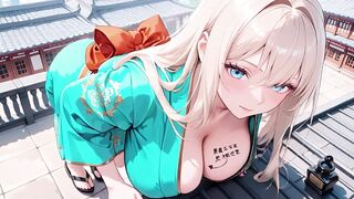 Golden-haired in a Green Kimono! Slothful Terrace Reading, off-shoulder Design Is Likewise Sinful!