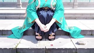 Golden-haired in a Green Kimono! Slothful Terrace Reading, off-shoulder Design Is Likewise Sinful!