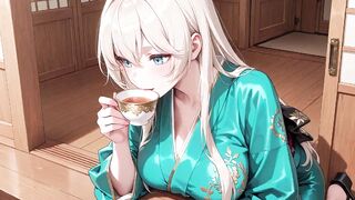 Golden-haired in a Green Kimono! Slothful Terrace Reading, off-shoulder Design Is Likewise Sinful!