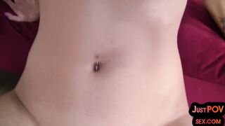 POV BJ and HJ GF with medium boobies rides hubbys weenie