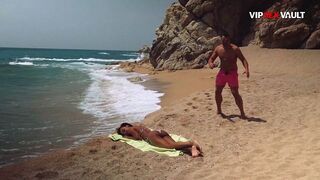 Topless Black Playgirl Oiled Up on the Beach... His Hands Slip Below Her Bikini