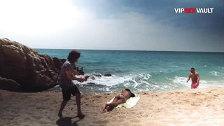 Topless Black Playgirl Oiled Up on the Beach... His Hands Slip Below Her Bikini