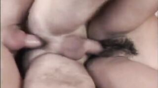Chap bangs sweetheart's unshaved pussy during the time that that guy gets his booty fucked by a chap
