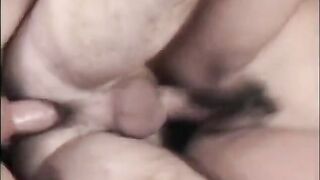 Chap bangs sweetheart's unshaved pussy during the time that that guy gets his booty fucked by a chap