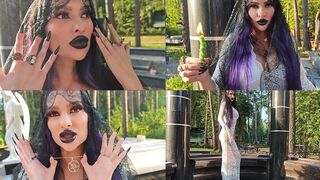 Gothic Witch Wanders the Cemetery, Performs Ebony Magic Rituals, and Makes U to Worship Her and Satan.