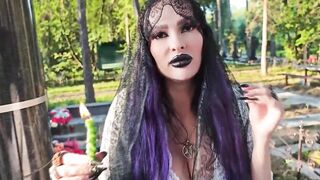 Gothic Witch Wanders the Cemetery, Performs Ebony Magic Rituals, and Makes U to Worship Her and Satan.