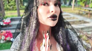 Gothic Witch Wanders the Cemetery, Performs Ebony Magic Rituals, and Makes U to Worship Her and Satan.