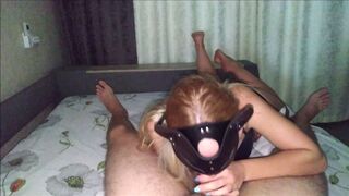Lascivious cum floozy sucks rod showing her feet soles until gets cum in her throat