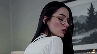 Screwing the intimate teacher when no one was home - Cunt climax - large booty and white boobs of a woman wearing glasses - darksome haired woman was secretly drilled - AI