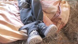 Stud bound on daybed gets tugjob