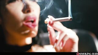 French Brunette hair with Biggest Fake Bazookas Masturbates Whilst Smokin' Cigarette and Talking Filthy