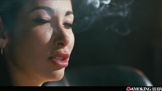French Brunette hair with Biggest Fake Bazookas Masturbates Whilst Smokin' Cigarette and Talking Filthy
