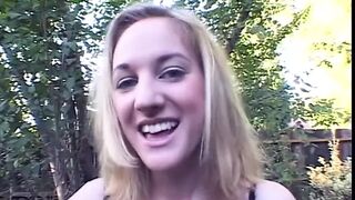 Youthful Blond Gives Some Head to Her College Teacher Outdoors
