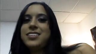 Cute brunette hair gets jizz flow after riding shlong