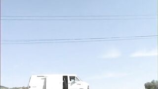 Cute blond likes sucking white hunk's weenie in the back of a van
