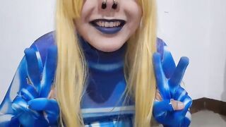 Cute Trans Samus with S&M Nosehook giving a Sloppy Oral pleasure to BBC Vibrator, Deepthroat, Facial Bang and Eating Sperm