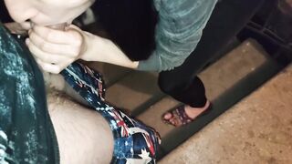 Unfaithful wife almost caught, sex in the building entrance, oral-job in the building entrance, sex in leggings