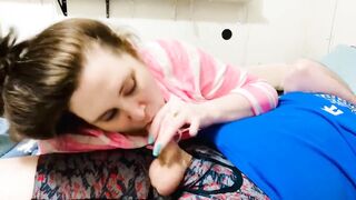 Cum bitch gives tugjob for her every day dose of cum ???