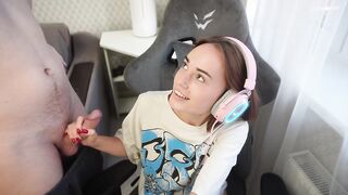 A female gamer received fellatio and coarse sex instead of playing.