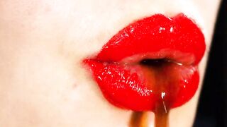 Red lips and a games with liquids and saliva! Milk and coffee! 4K -NO AUDIO-