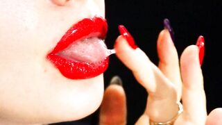 Red lips and a games with liquids and saliva! Milk and coffee! 4K -NO AUDIO-