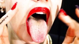 Red lips and a games with liquids and saliva! Milk and coffee! 4K -NO AUDIO-