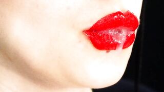 Red lips and a games with liquids and saliva! Milk and coffee! 4K -NO AUDIO-