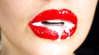 Red lips and a games with liquids and saliva! Milk and coffee! 4K -NO AUDIO-