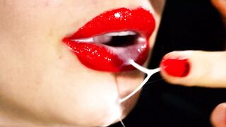 Red lips and a games with liquids and saliva! Milk and coffee! 4K -NO AUDIO-