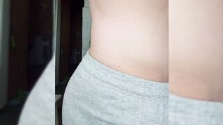 Obese schlong in gray shorts. Tugjob in the kitchen whilst preparing breakfast