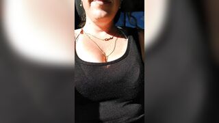 Nerdy angel with consummate breasts pulls her pants to the side and flashes her pink bald snatch