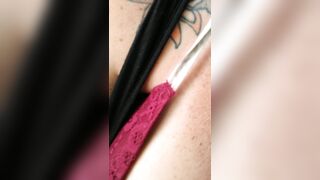 Nerdy angel with consummate breasts pulls her pants to the side and flashes her pink bald snatch