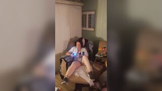 Gorgeous white hotty in brassiere and pants playing vids games gets lewd and craves sex