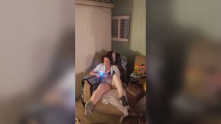 Gorgeous white hotty in brassiere and pants playing vids games gets lewd and craves sex