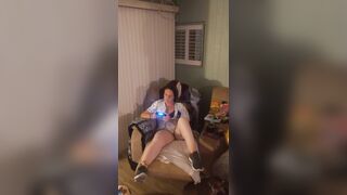 Gorgeous white hotty in brassiere and pants playing vids games gets lewd and craves sex