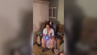 Gorgeous white hotty in brassiere and pants playing vids games gets lewd and craves sex