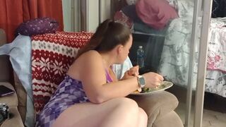 Filming up pale lengthy hair brunette hair beauty's mini costume during the time that this babe eats dinner, smokes and plays games